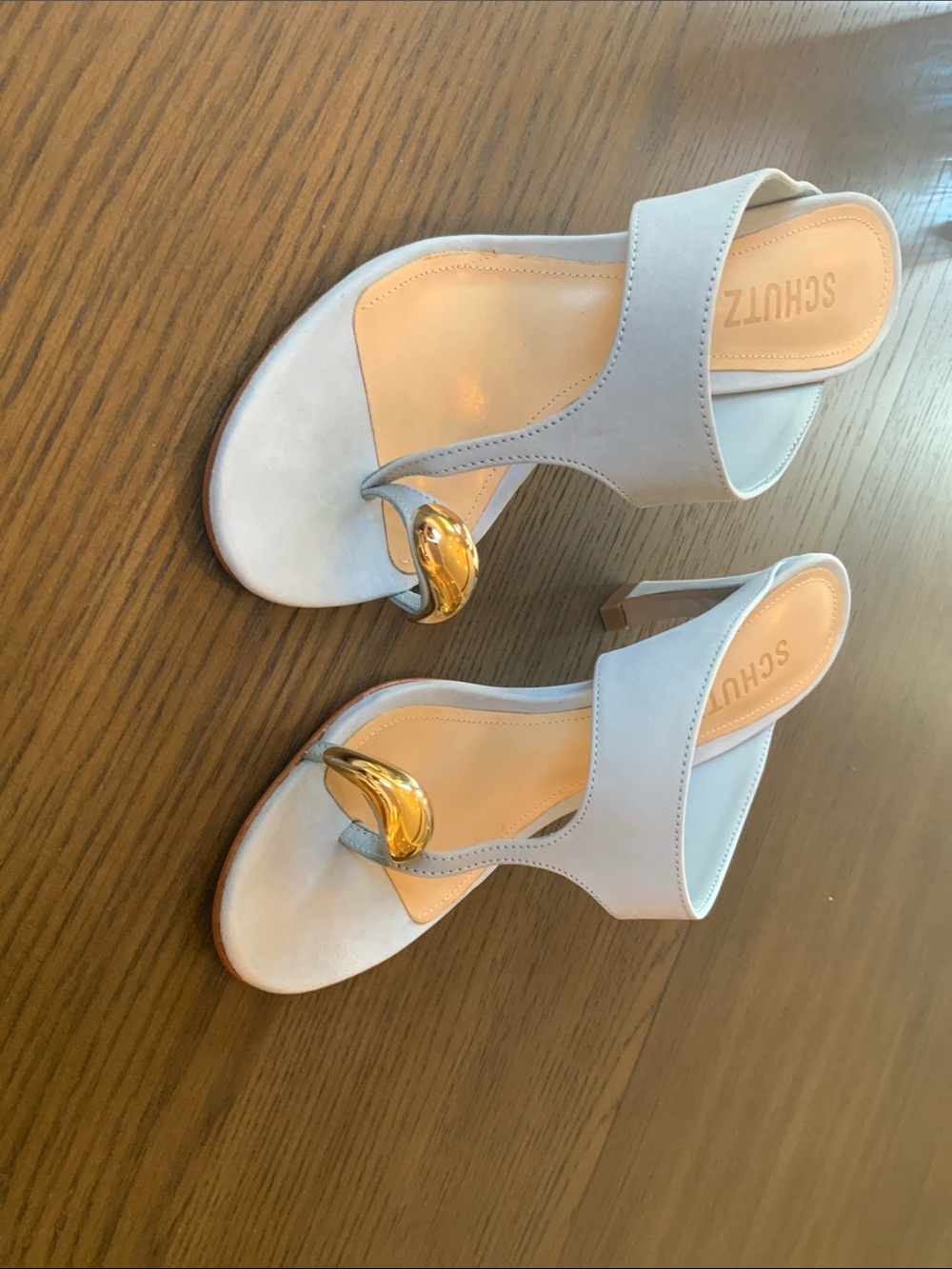 SCHUTZ Maise Nubuck Light Blue Open-Toe Heeled Mules with Gold Orb Detail - Picture 4 of 5